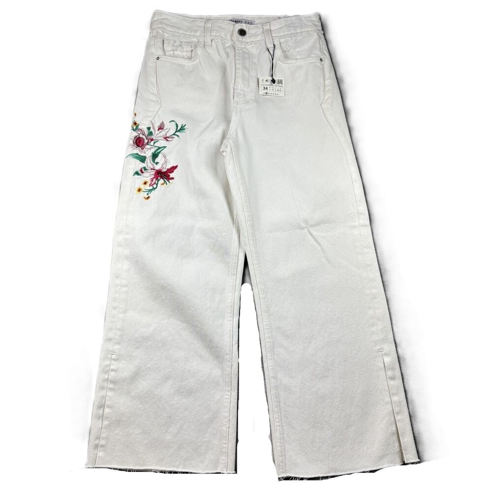 Zara Basic Z1975 Jeans NWT Wide Leg Embroidered Preppy Boho White Size 2 L229